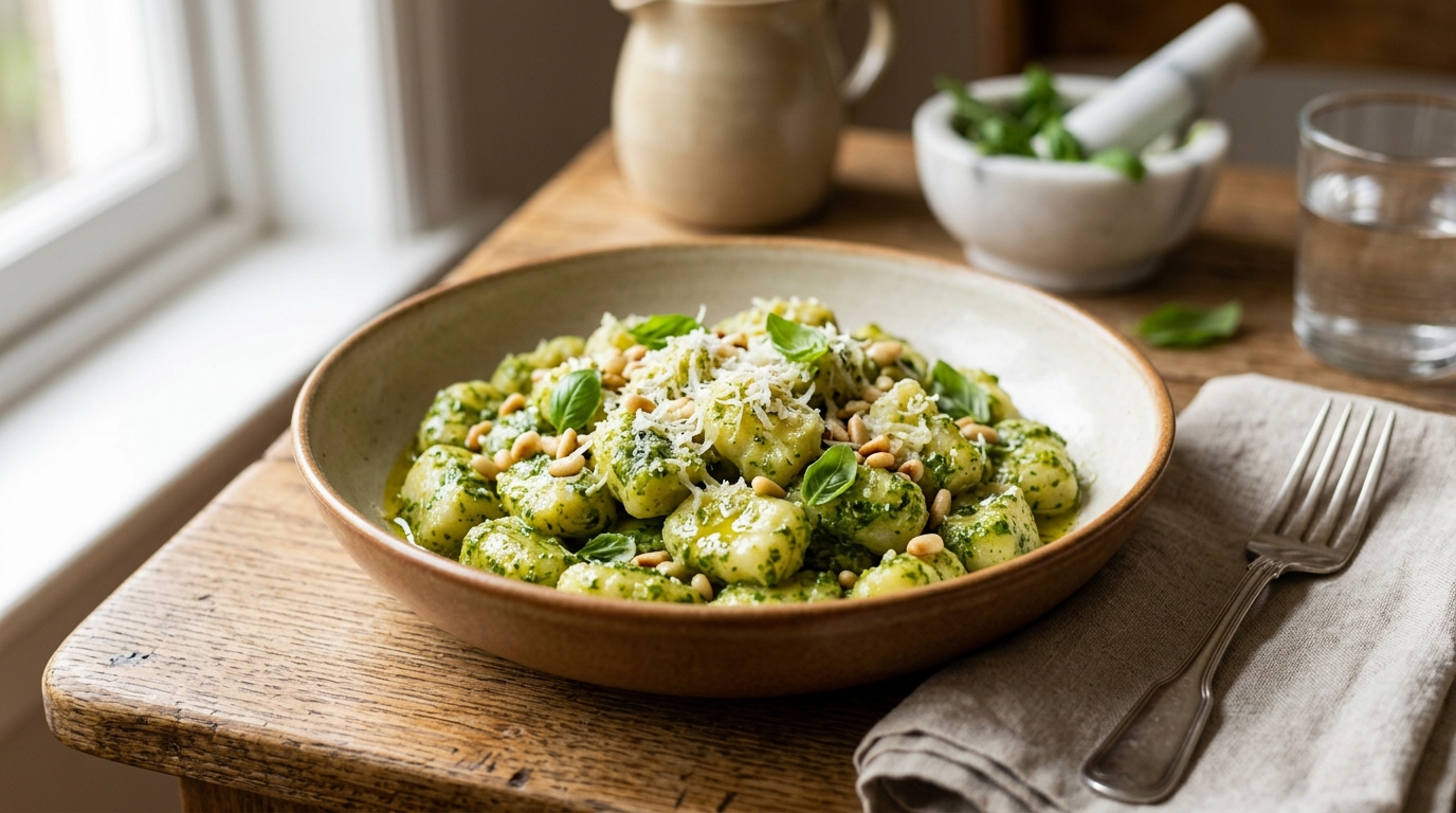 Tender potato gnocchi coated in vivid green basil pesto.