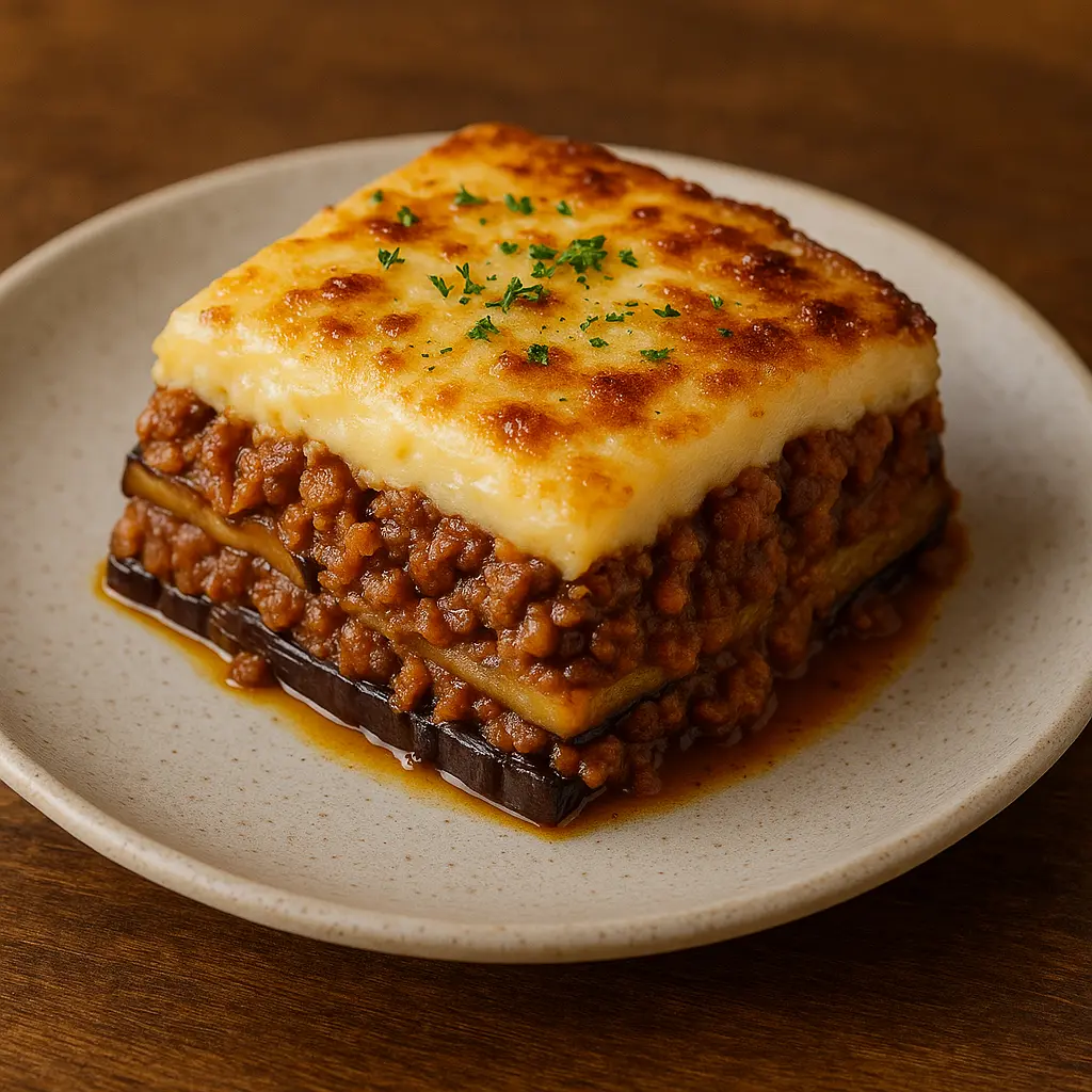 A slice of Greek moussaka showing layers of eggplant, meat sauce, and a thick, creamy béchamel top.