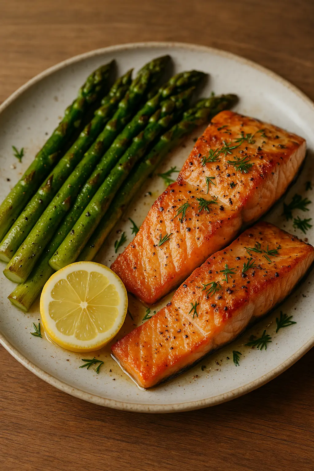 A perfectly grilled salmon fillet with char marks, served alongside tender-crisp asparagus spears and a slice of lemon.