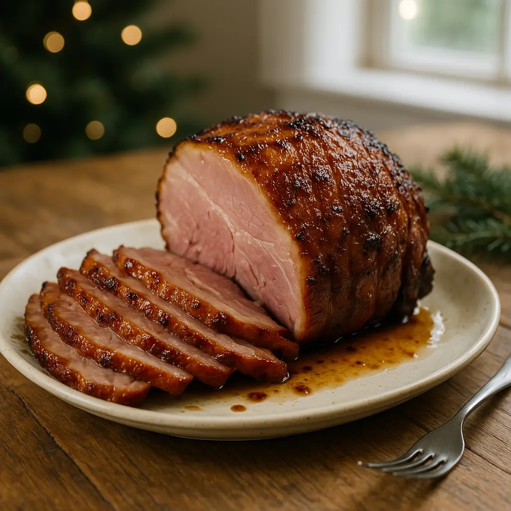 A magnificent honey-glazed ham studded with cloves, ready to be served for a Christmas feast.