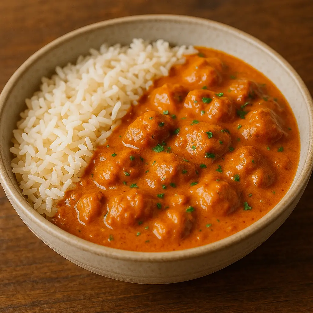 A creamy bowl of Indian Butter Chicken, garnished with cilantro and a swirl of cream.