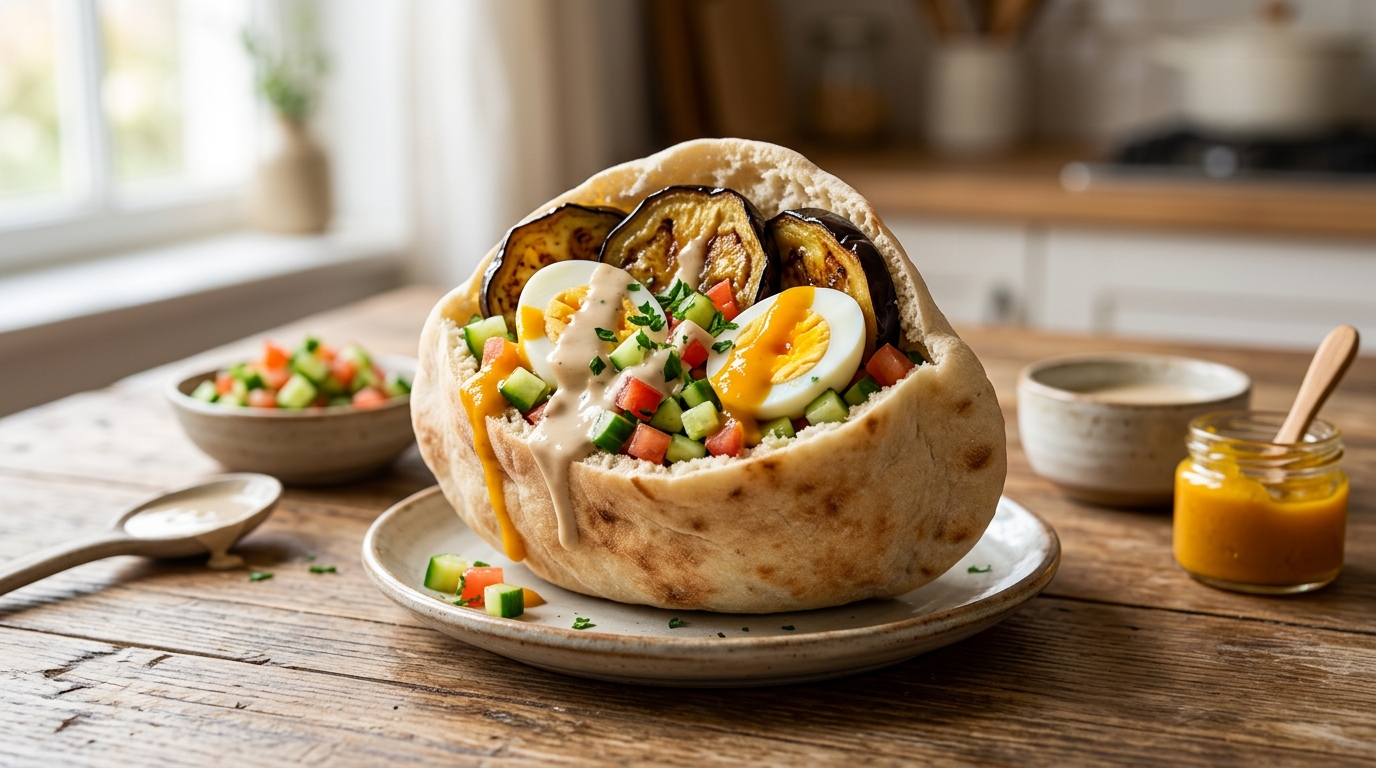 Fluffy pita stuffed with fried eggplant, eggs, fresh salad, and rich tahini sauce.
