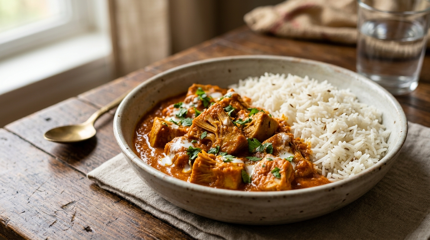 Rich orange jackfruit tikka masala curry served with basmati rice.