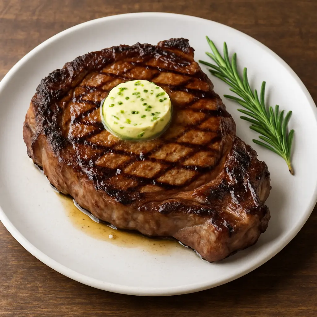 A perfectly cooked ribeye steak, sliced to show a pink interior, with garlic and thyme.
