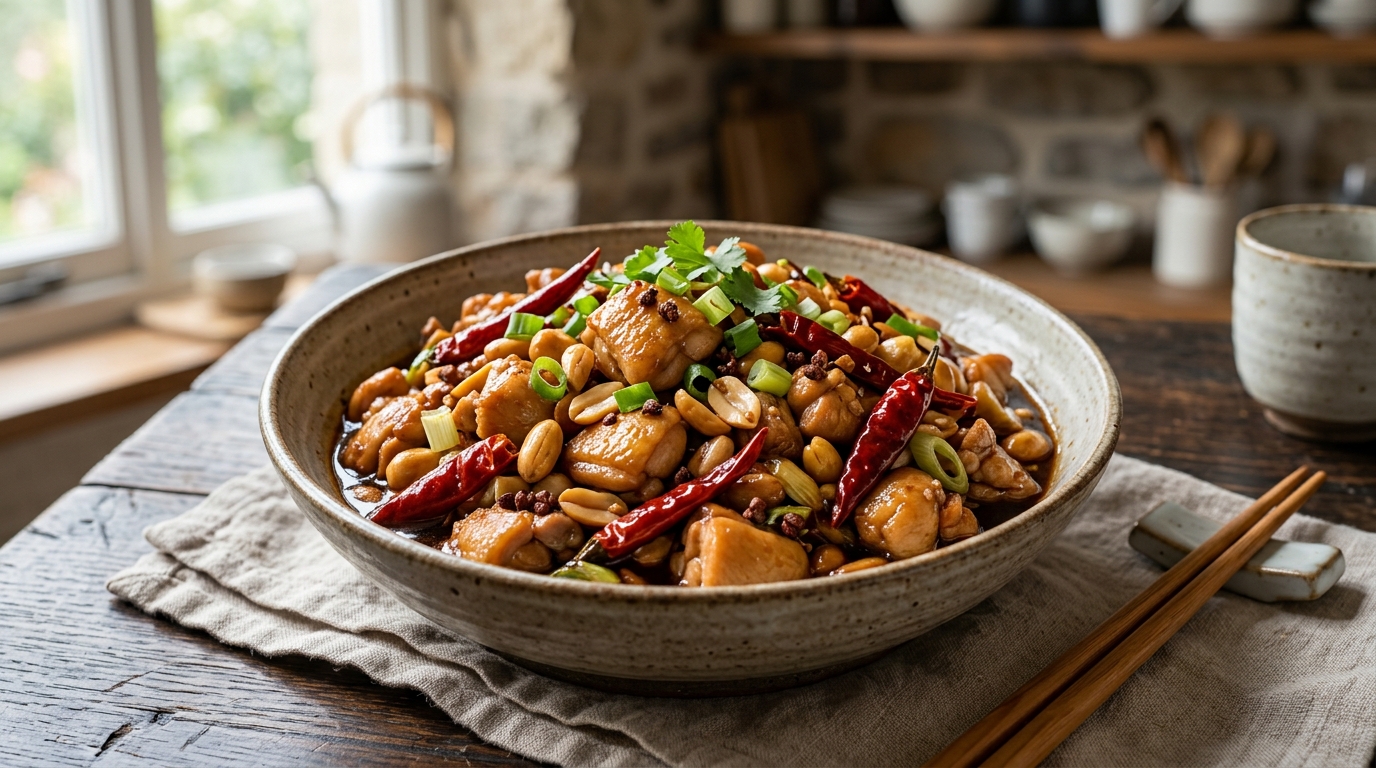 Kung Pao chicken stir-fry with roasted peanuts and dried red chilies.
