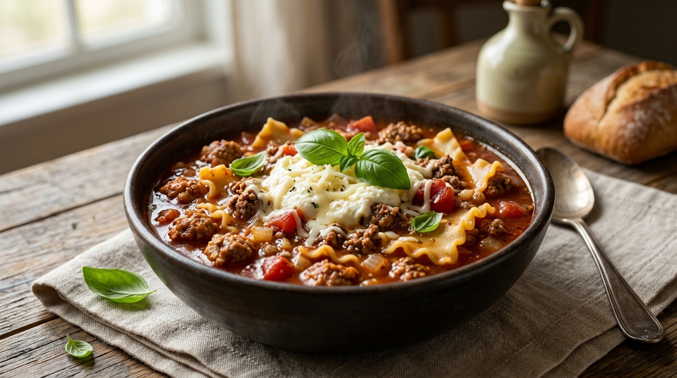 A bowl of hearty lasagna soup topped with melted ricotta and fresh basil leaves.