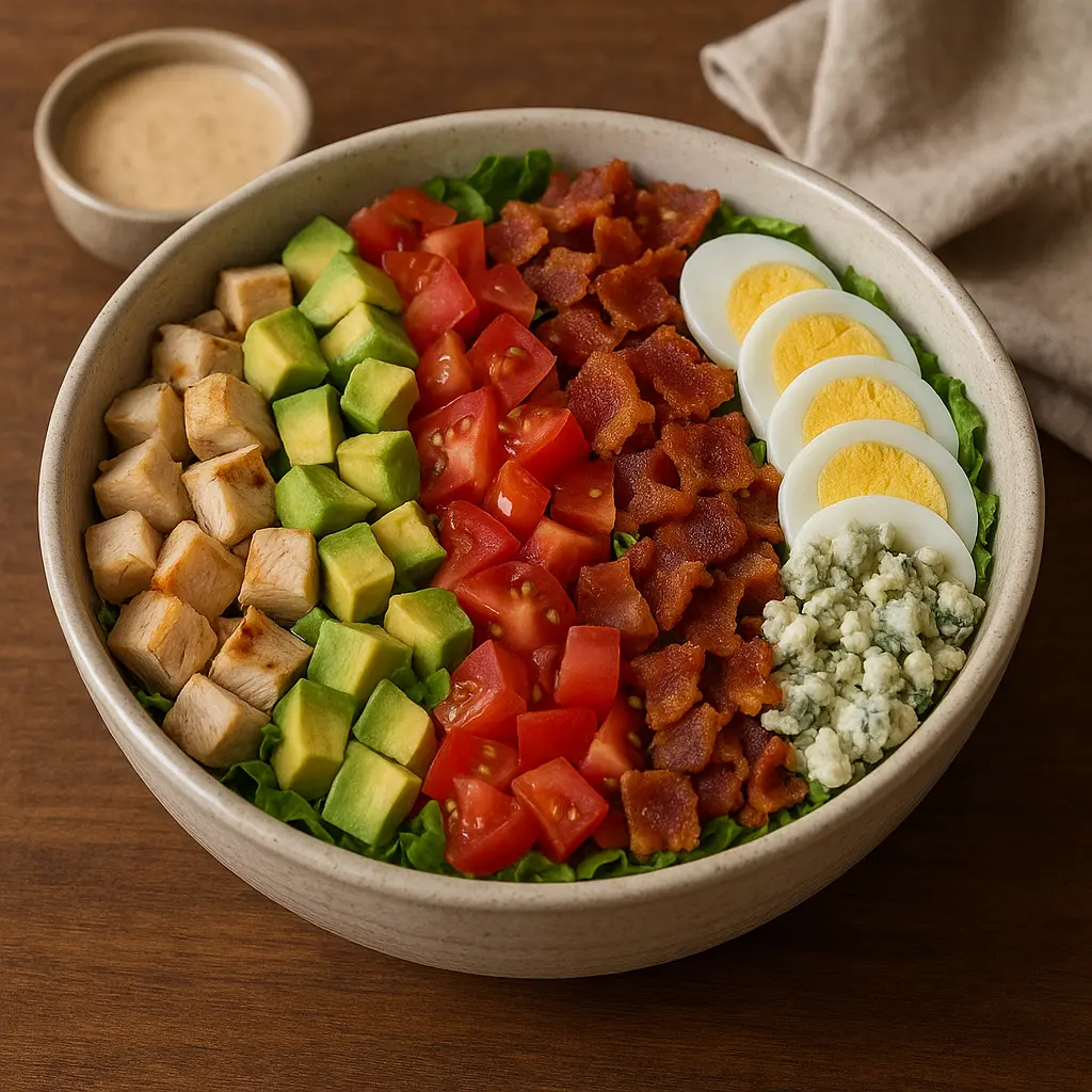 A large platter showing a Cobb salad with its ingredients arranged in neat rows.