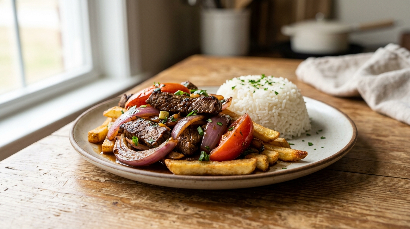 Peruvian Lomo Saltado stir-fry beef with tomatoes and french fries.