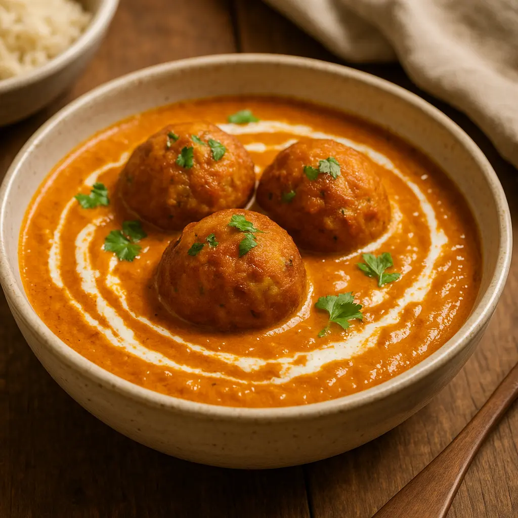 A bowl of creamy Malai Kofta with rich orange gravy and floating paneer dumplings.