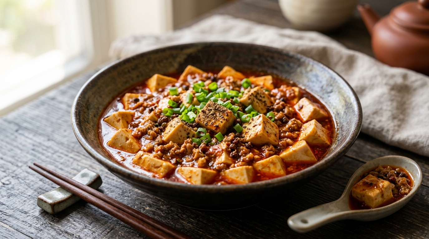 Sichuan Mapo Tofu with red chili oil sauce and green scallion garnish.