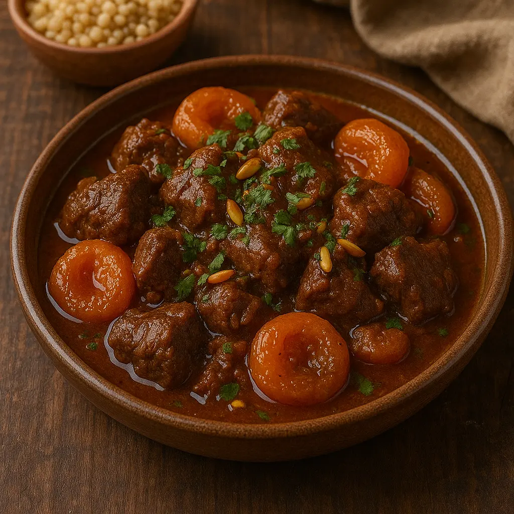A rich and aromatic Moroccan lamb tagine with apricots and almonds.