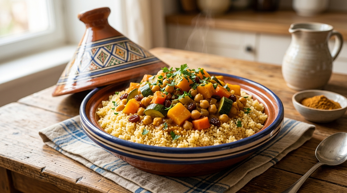 Moroccan vegetable couscous served in a traditional tagine dish.