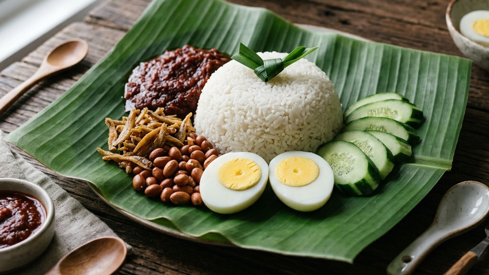Malaysian Nasi Lemak platter with coconut rice, sambal, anchovies, peanuts, and egg.