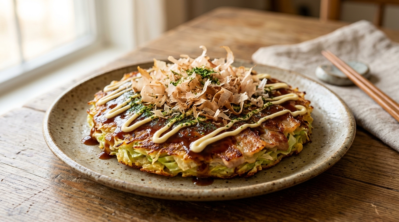Japanese Okonomiyaki pancake drizzled with sauce, mayo, and dancing bonito flakes.