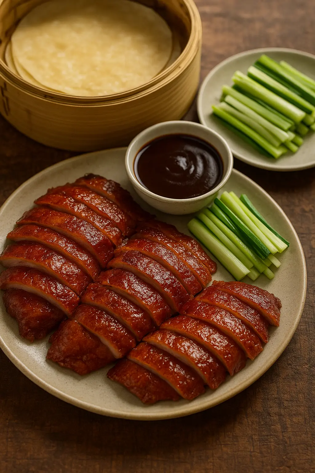 A perfectly roasted Peking Duck with glossy, crispy skin, ready to be carved.