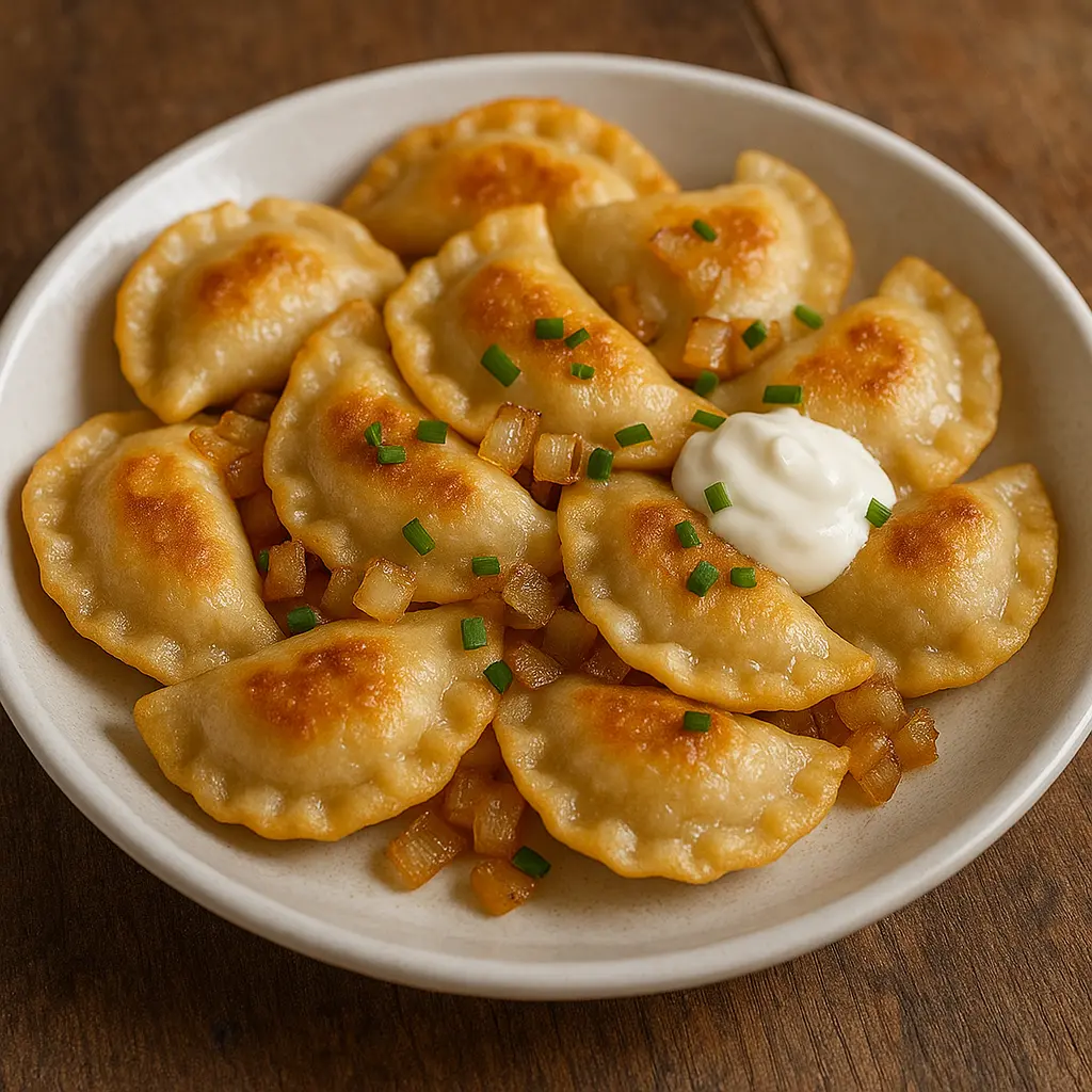 A plate of golden-brown pan-fried pierogi with caramelized onions and a side of sour cream.