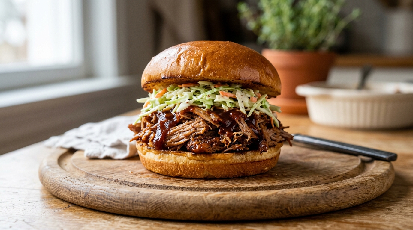 Pulled pork sandwich on brioche bun topped with coleslaw.