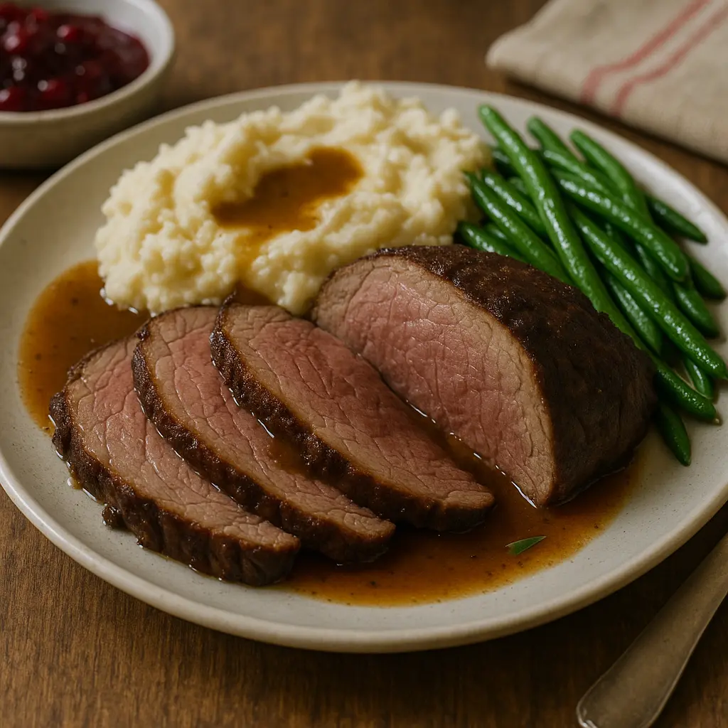 Perfectly sliced roast beef with a rich brown gravy, ideal for a Christmas dinner.