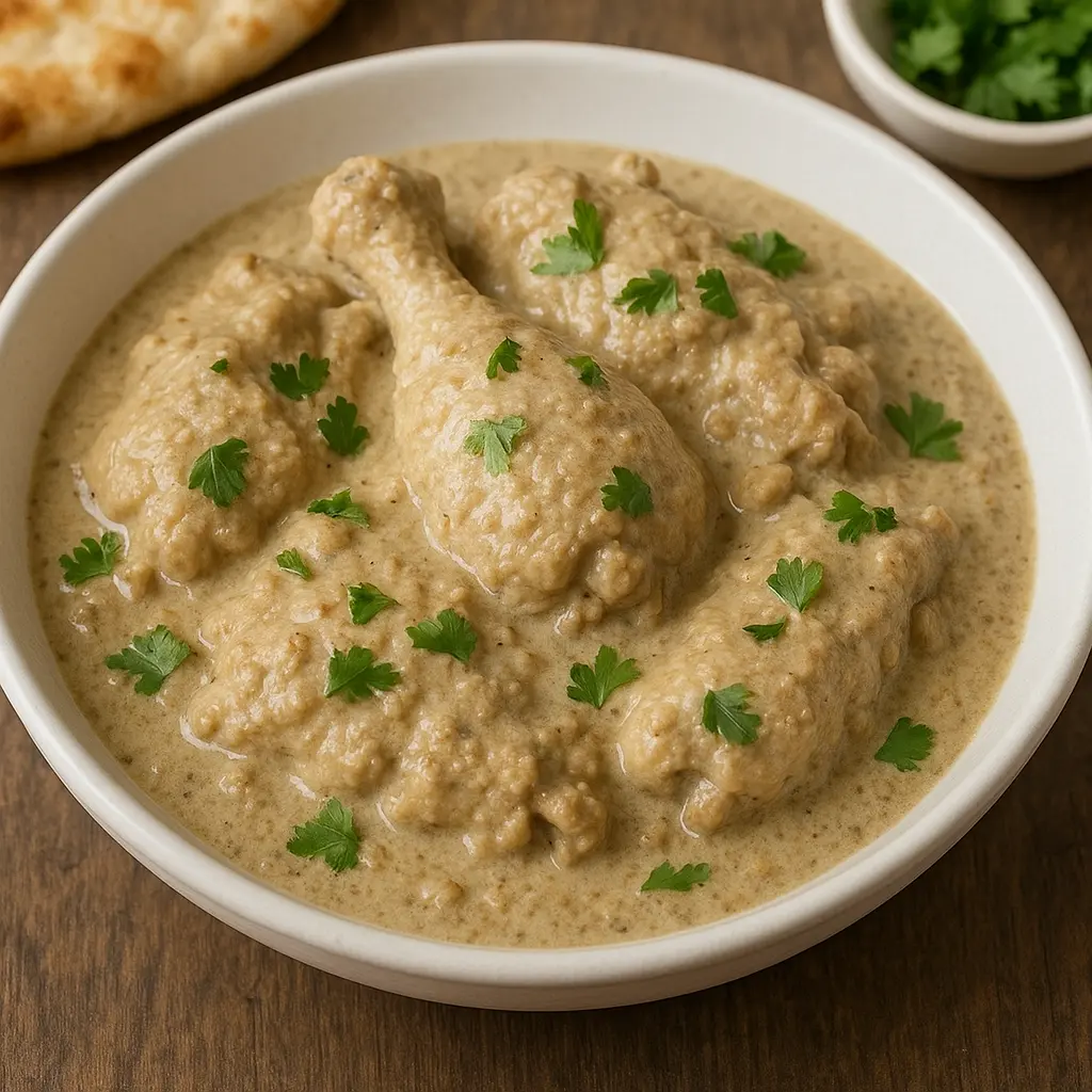 A bowl of Georgian Satsivi, with pieces of chicken in a creamy walnut sauce.