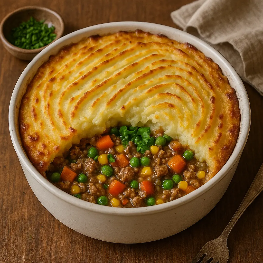 A classic Shepherd's Pie with a golden-brown mashed potato topping.