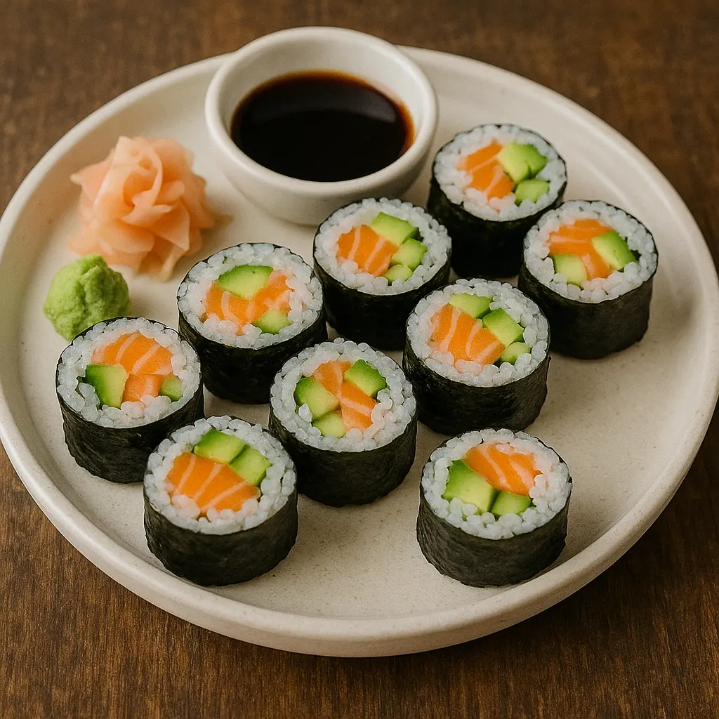 A selection of different types of sushi maki rolls on a plate with wasabi and ginger.