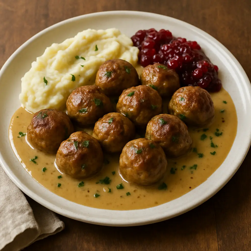 A plate of Swedish meatballs smothered in a creamy gravy, served with lingonberry jam.