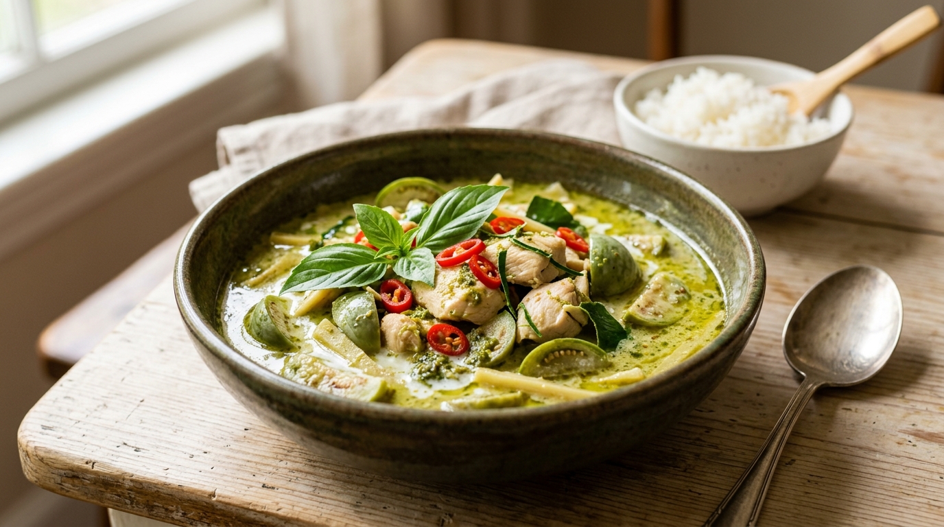 Bowl of rich green curry with chicken, Thai basil, and chili slices.