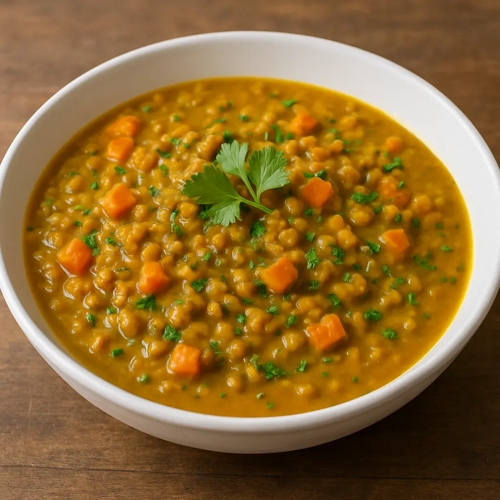 A rich and creamy bowl of vegan lentil curry, garnished with fresh cilantro.