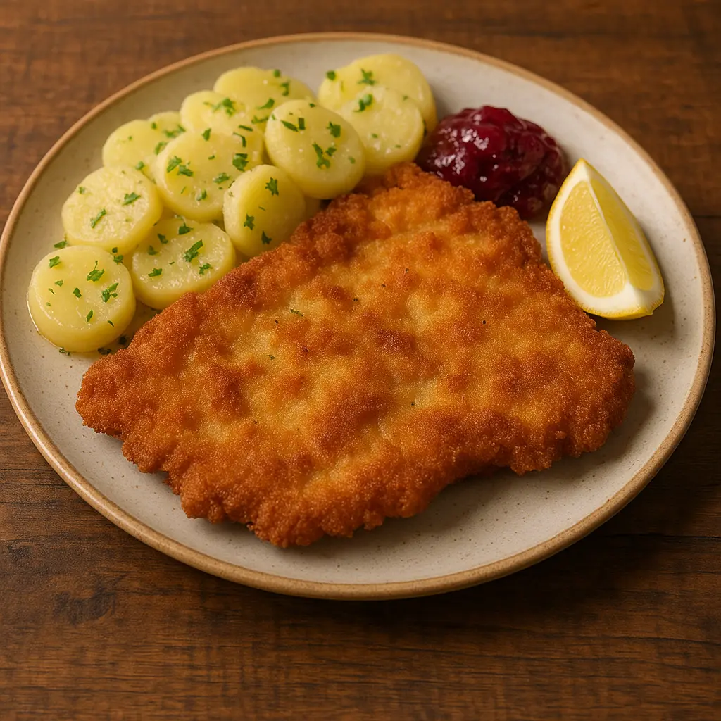 A large, golden-brown Wiener Schnitzel served with a slice of lemon.