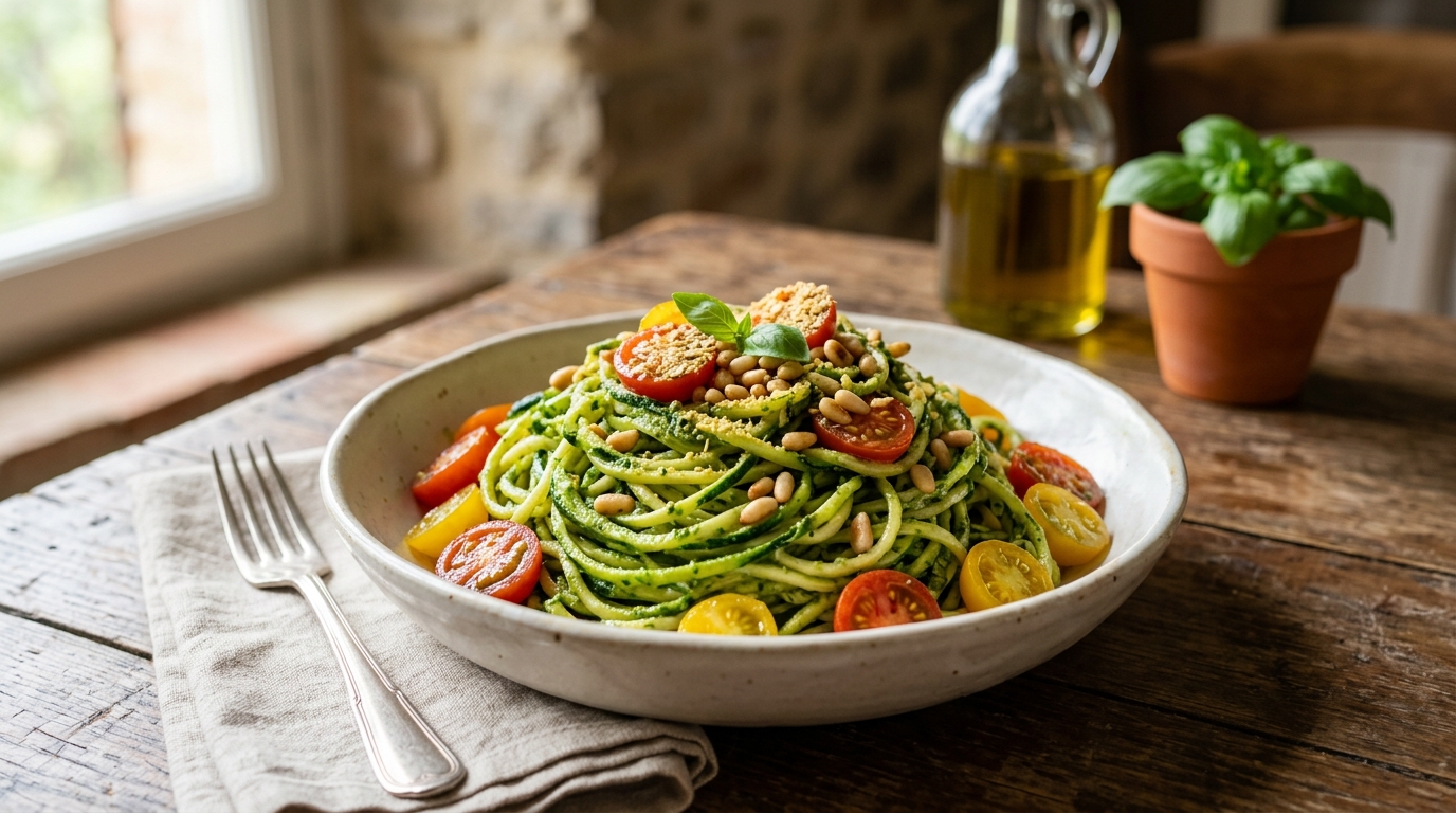 Vibrant green zucchini noodles tossed with basil pesto and cherry tomatoes.
