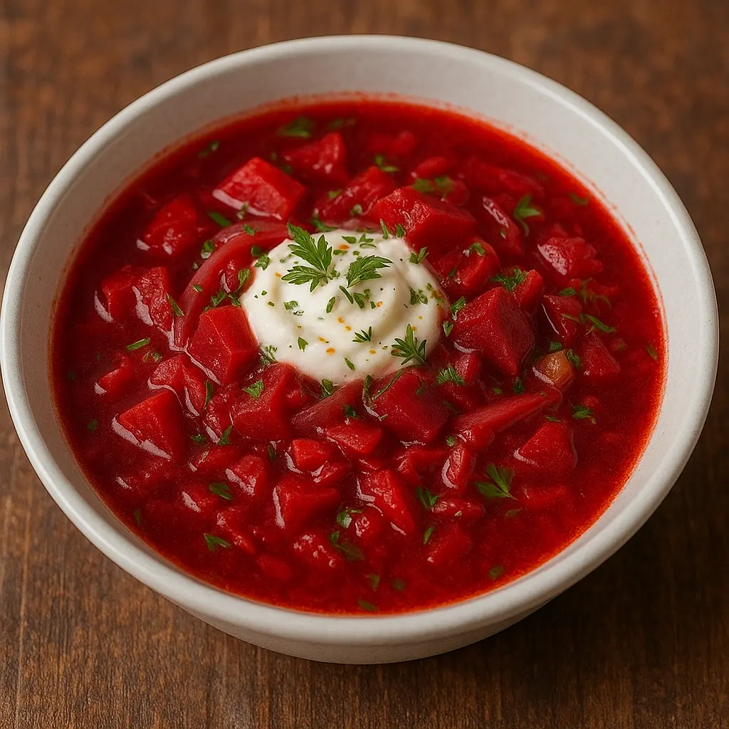 A deep red bowl of Ukrainian borscht, topped with a dollop of sour cream and fresh dill.