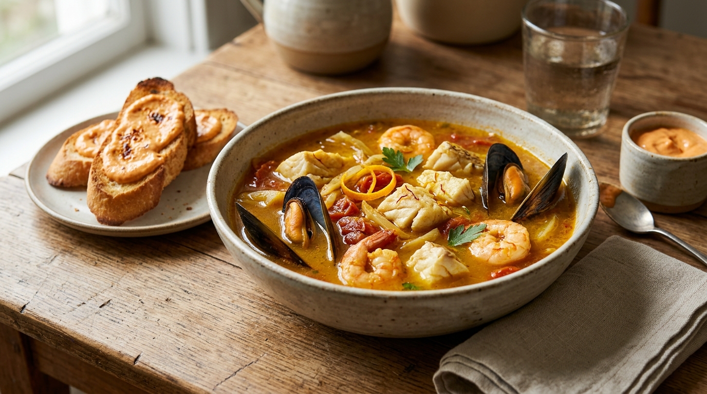 French Bouillabaisse seafood stew served with rouille toasted baguette.