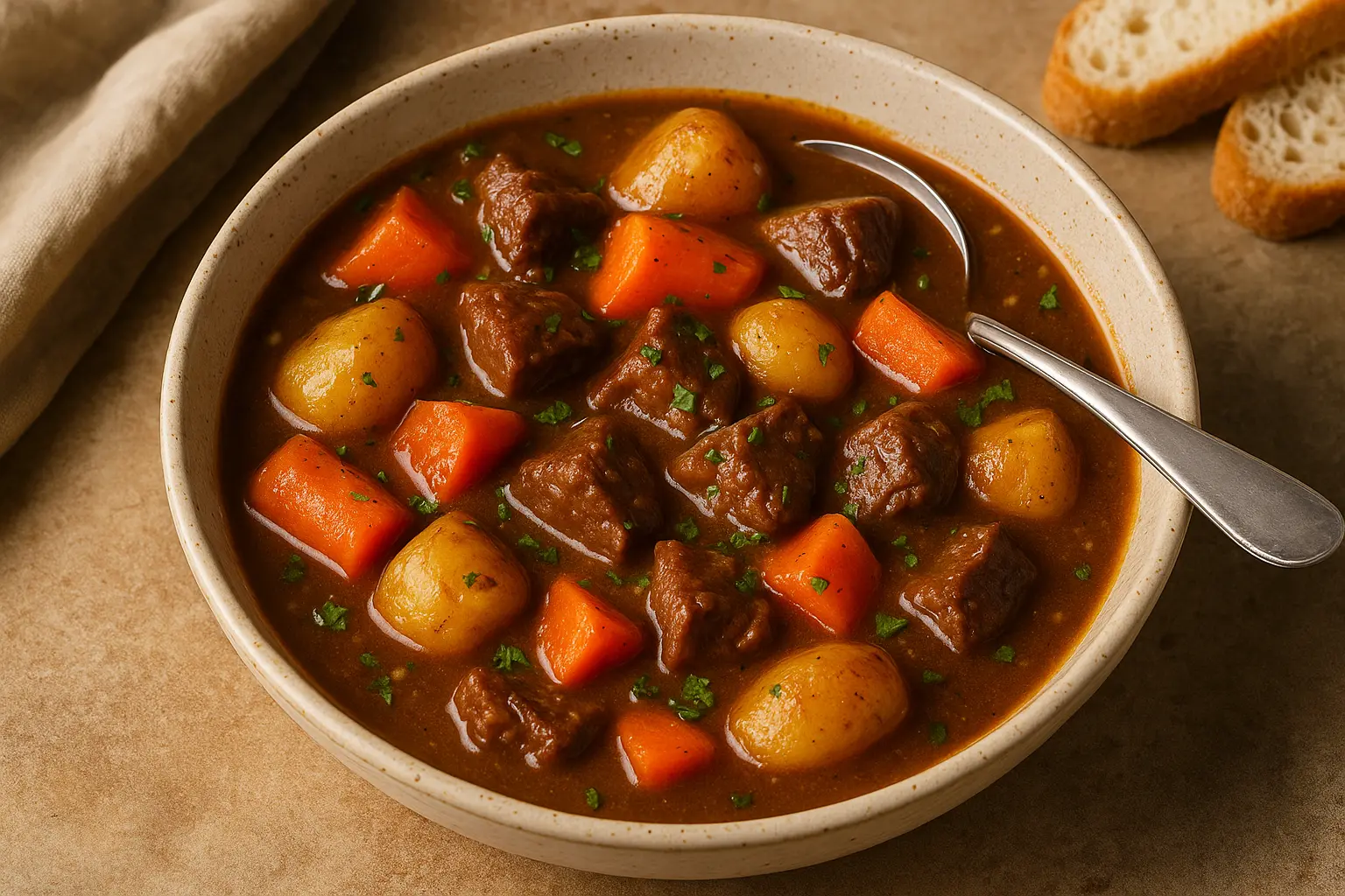 A hearty bowl of classic beef stew with tender beef, potatoes, and carrots in a rich gravy.