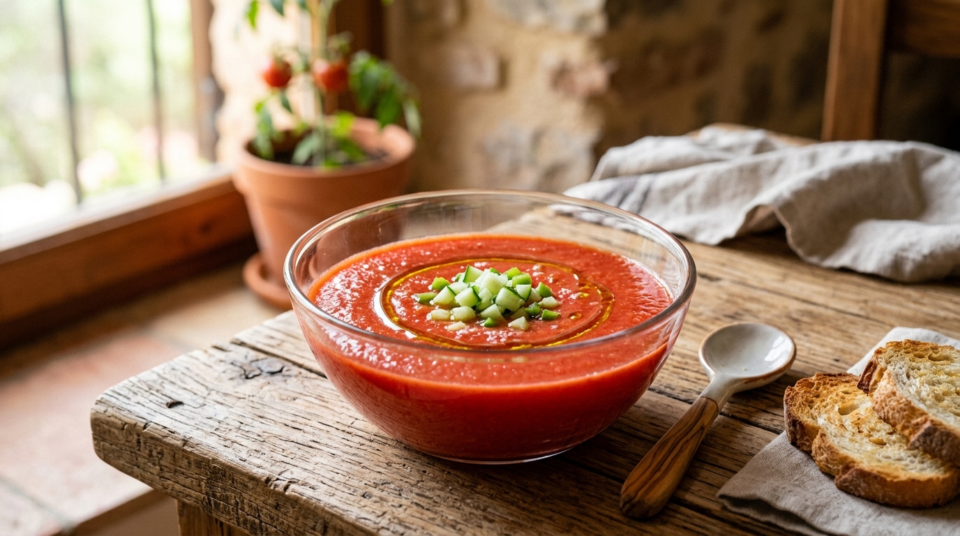 Glass bowl of vibrant red chilled Spanish gazpacho garnished with olive oil and cucumber dice.