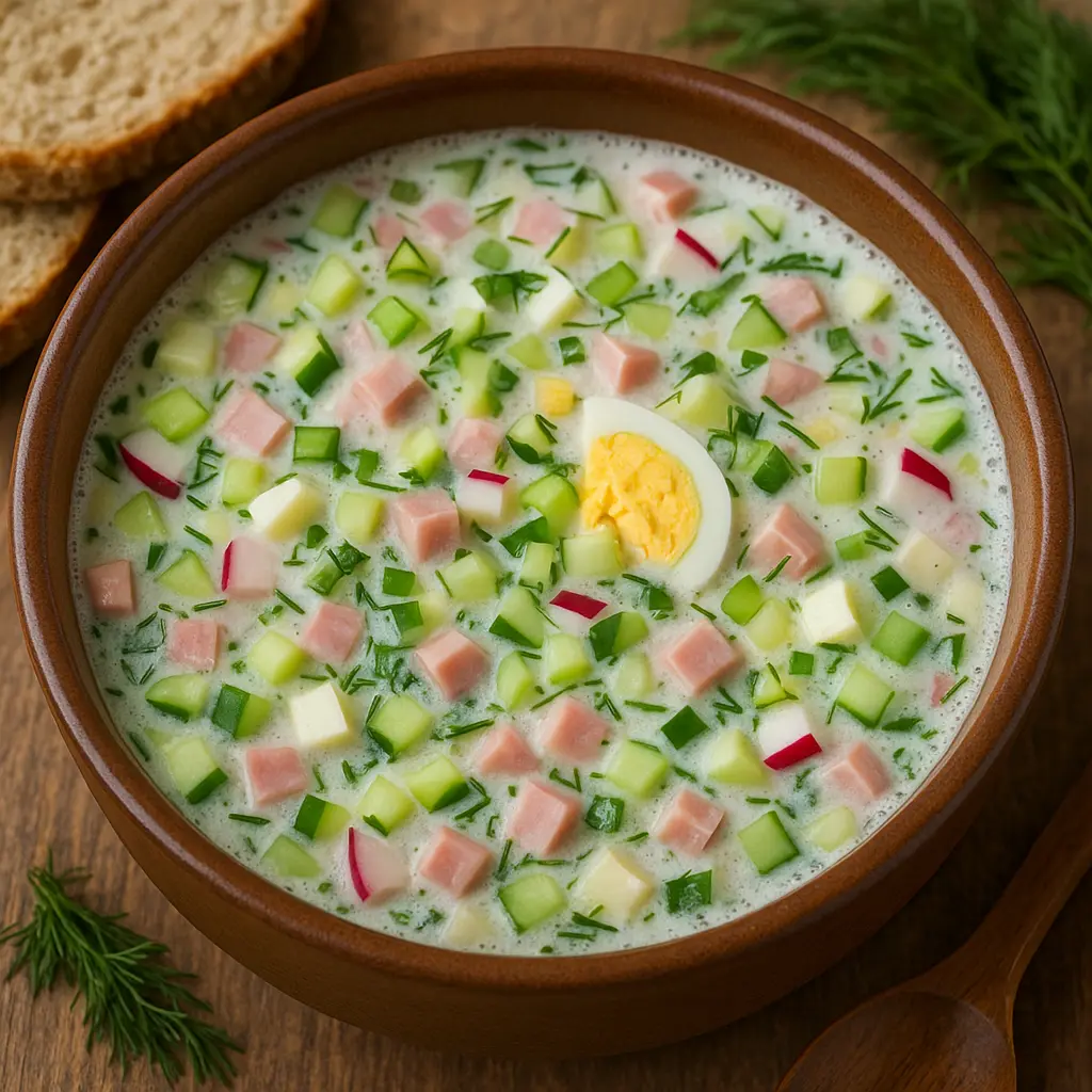 A refreshing bowl of Russian Okroshka cold soup, filled with diced vegetables, ham, and herbs.