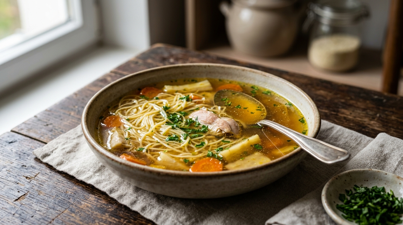 Golden Polish Rosół broth served with fine egg noodles and parsley.