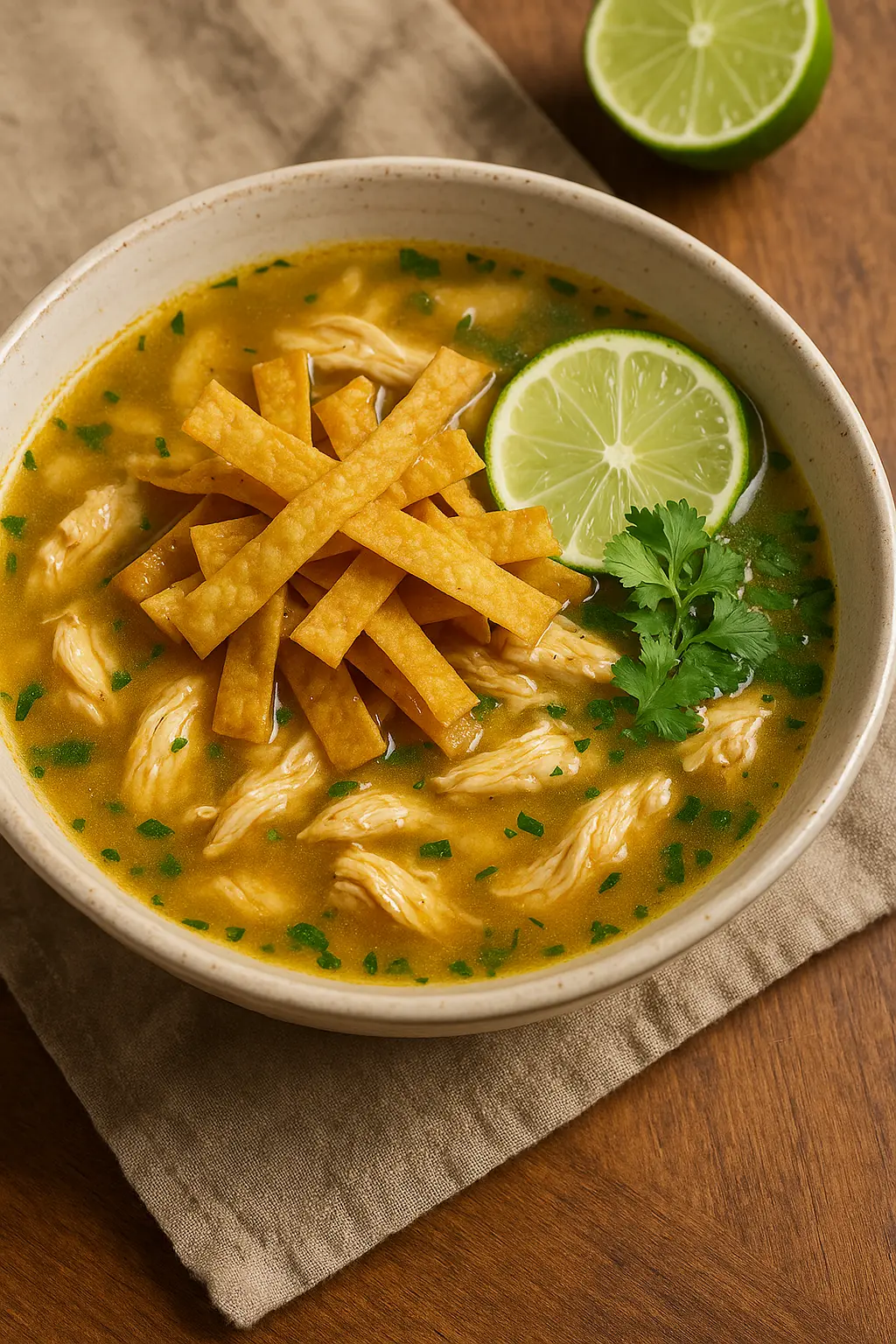 A comforting bowl of Mexican Sopa de Lima, garnished with crispy tortilla strips and avocado.