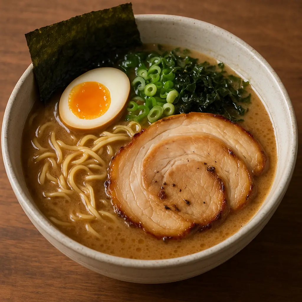 A large bowl of Tonkotsu ramen with chashu pork, a soft-boiled egg, and green onions.