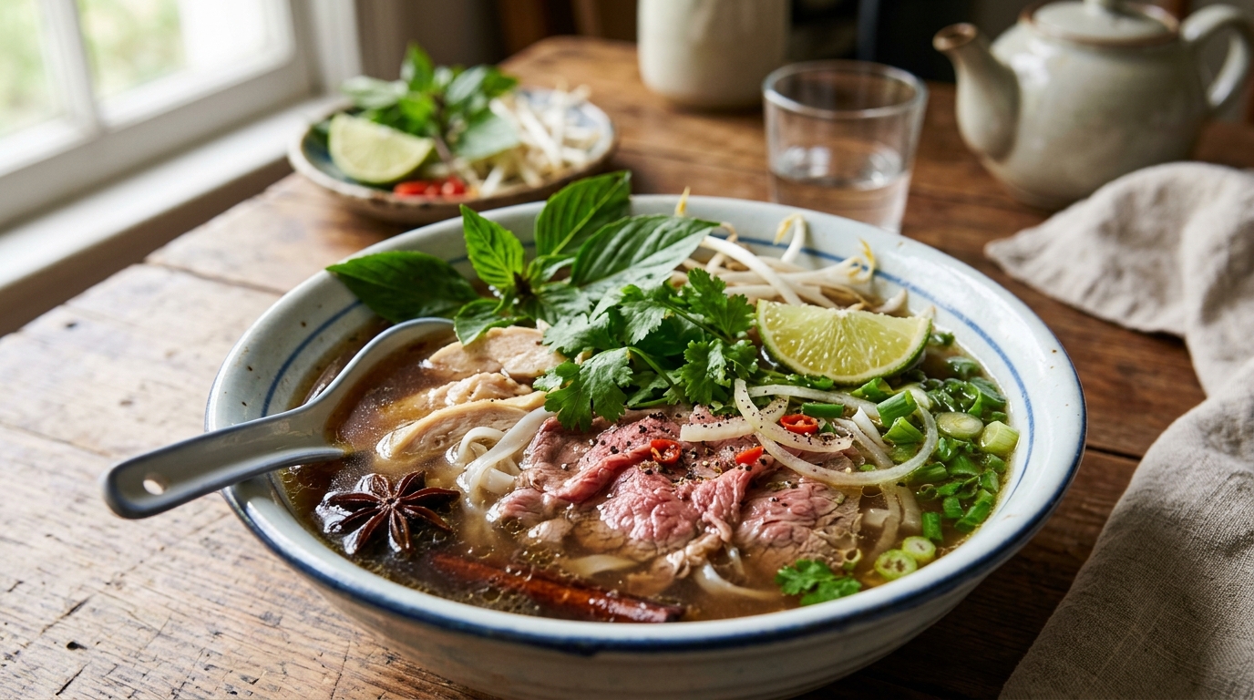 Bowl of hot Vietnamese beef pho garnished with cilantro, basil, and lime.