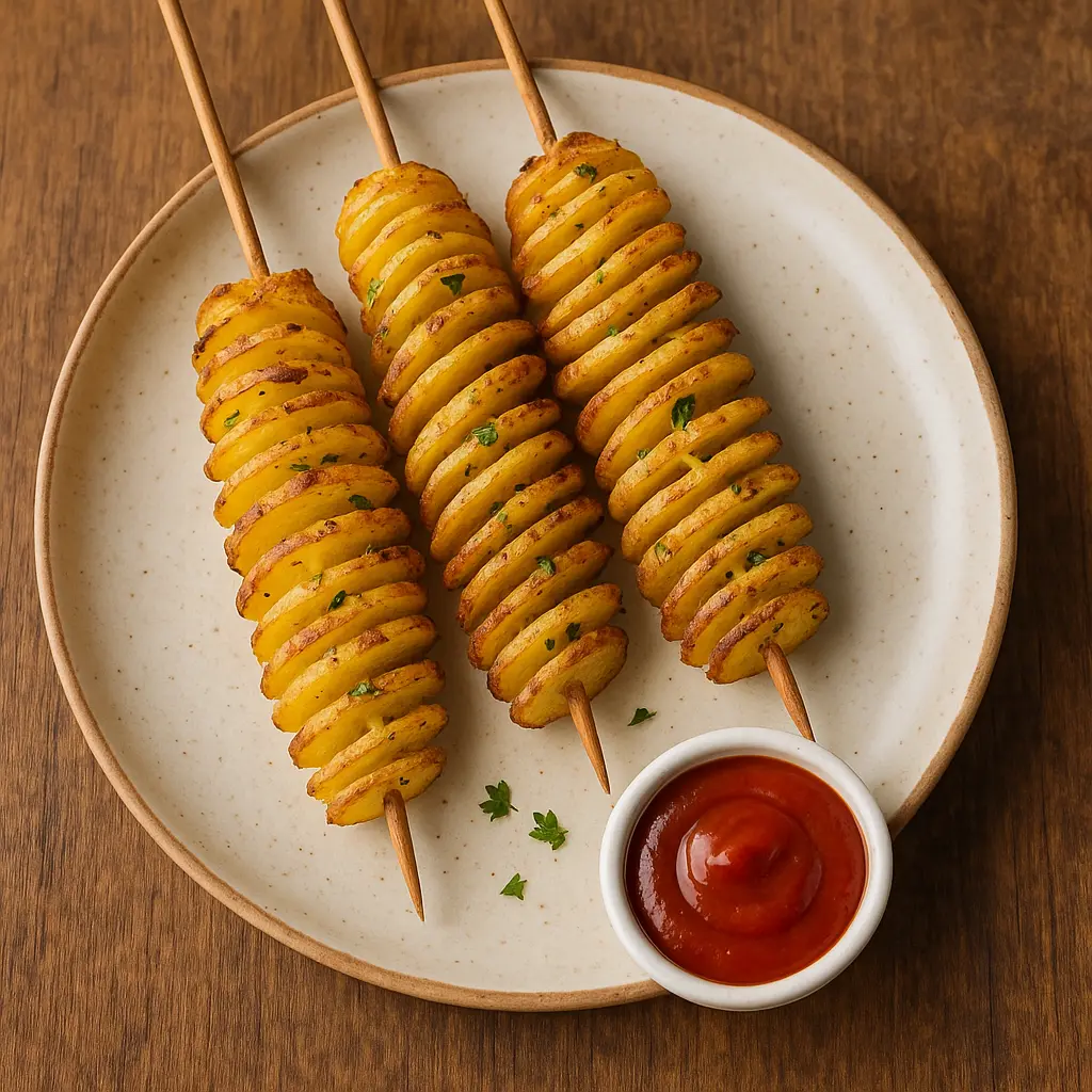 A skewer of crispy, golden-brown accordion potatoes, showing the detailed lattice cuts.