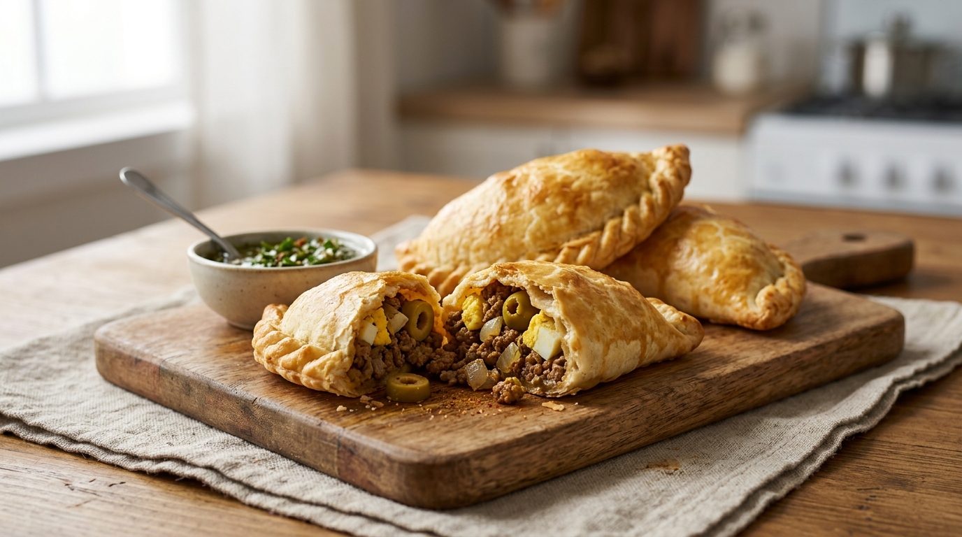 Golden baked Argentinian beef empanadas served on a wooden board.