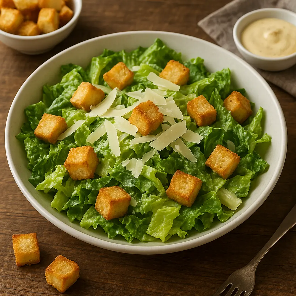 A classic Caesar salad in a wooden bowl with large croutons and shavings of Parmesan cheese.