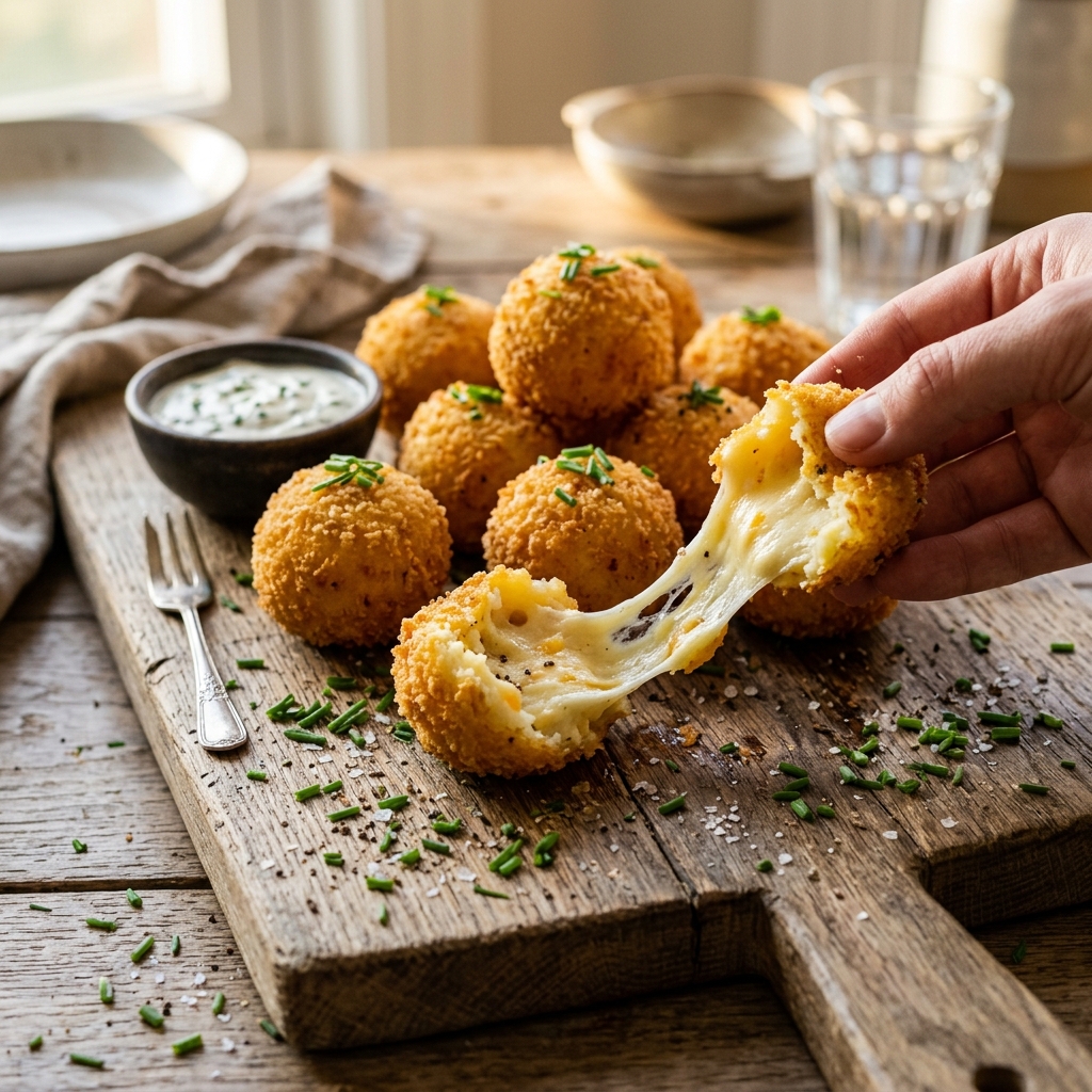 Golden-brown crispy fried potato balls arranged on a platter, with one broken open revealing melted gooey cheese.