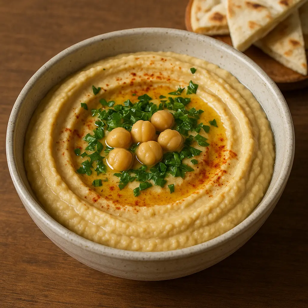 A bowl of smooth, creamy hummus with a swirl of olive oil and a sprinkle of paprika.