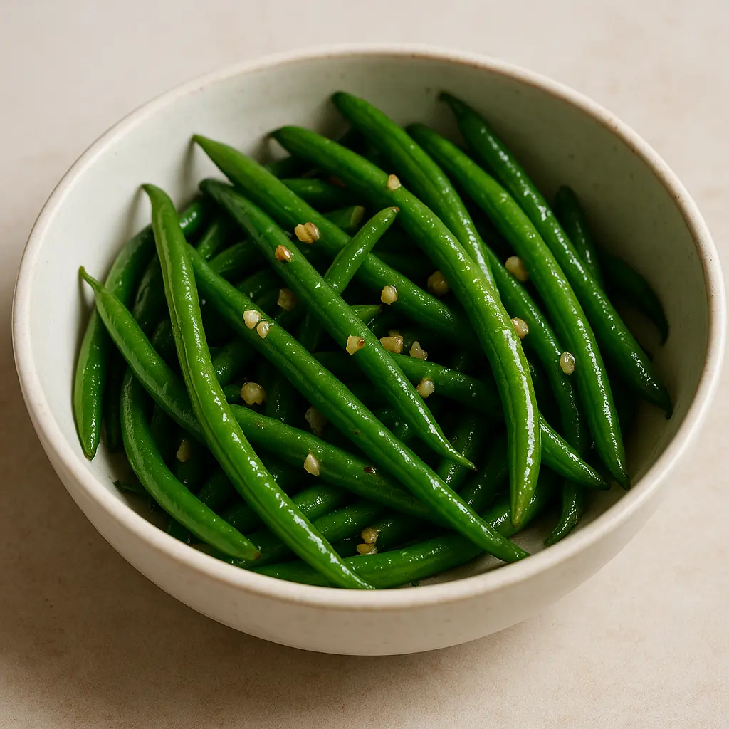 A serving dish of crisp-tender green beans sautéed in garlic butter and topped with toasted almonds, a perfect Christmas side.