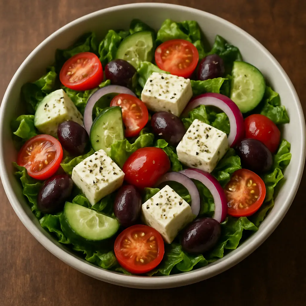 A colorful Greek salad with chunks of feta cheese, Kalamata olives, and fresh vegetables.