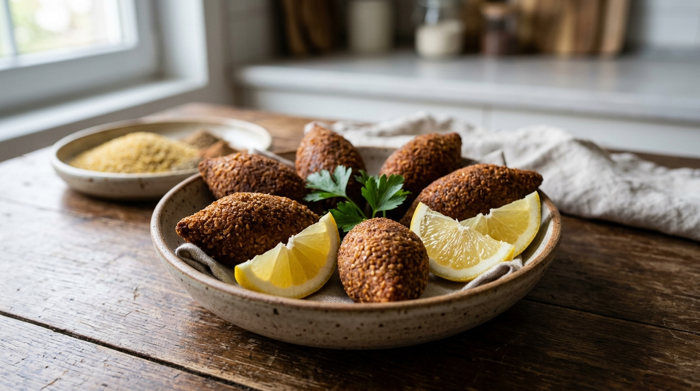 Croquettes de Kibbeh frites croustillantes en forme de torpille servies avec des quartiers de citron.