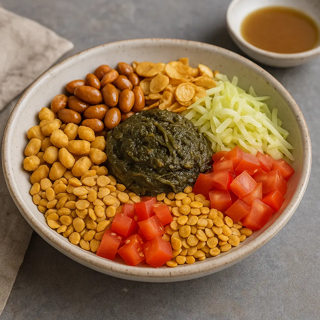 A vibrant bowl of Burmese Tea Leaf Salad (Lahpet Thoke) with various crunchy toppings.