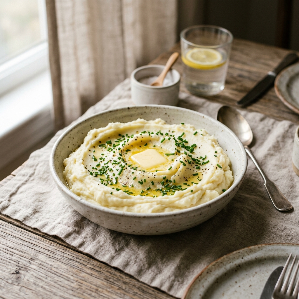 A bowl of fluffy, creamy mashed potato topped with melted butter and chopped chives.