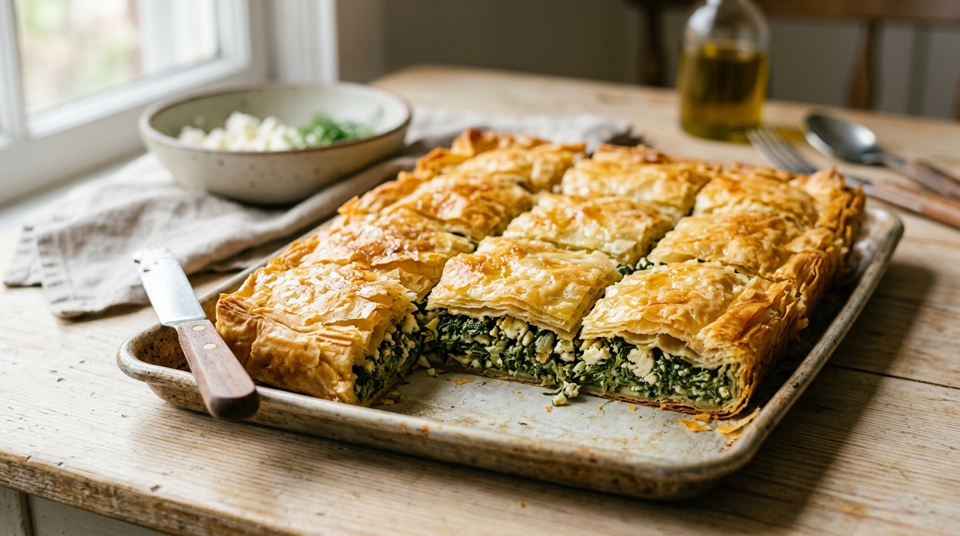 Golden flaky Greek spanakopita spinach feta pie cut into squares.